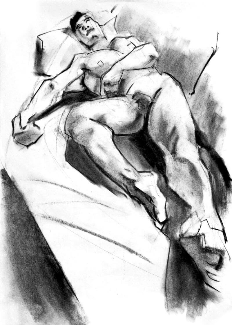Charcoal drawing of a muscular man reclining