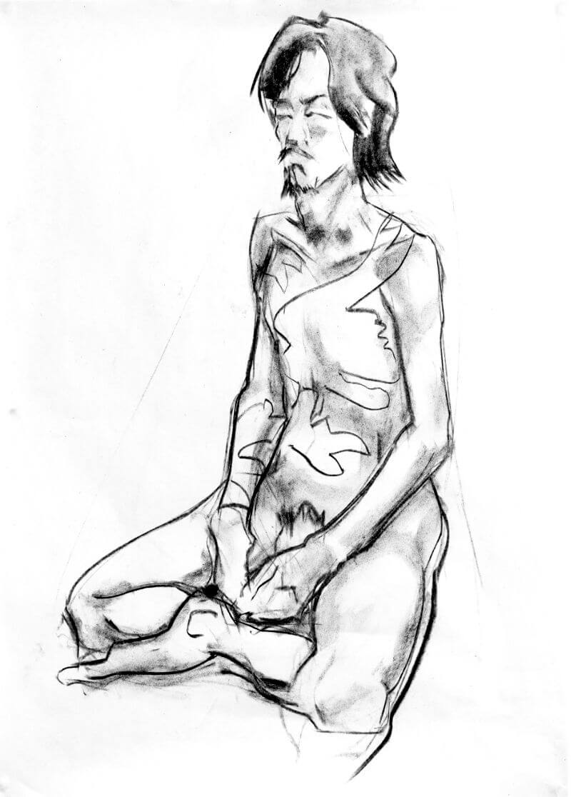 charcoal drawing of a tattooed man sitting cross legged