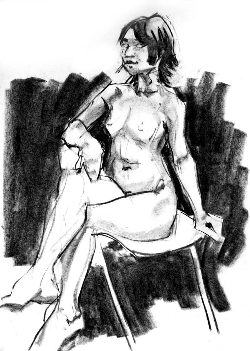 charcoal drawing of a woman seated